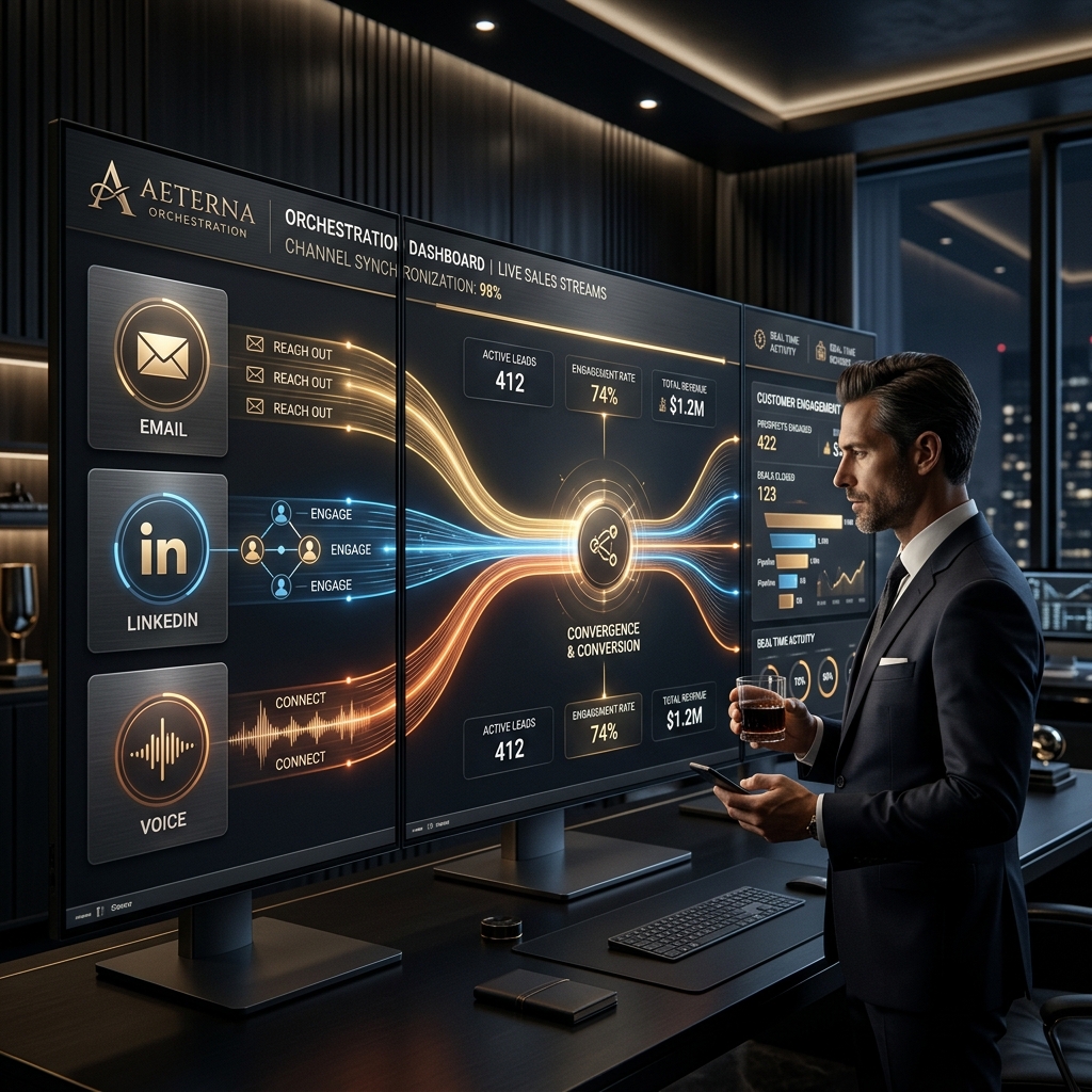 Technical visualization of the multi-channel orchestration and CRM escalation handoff layers.