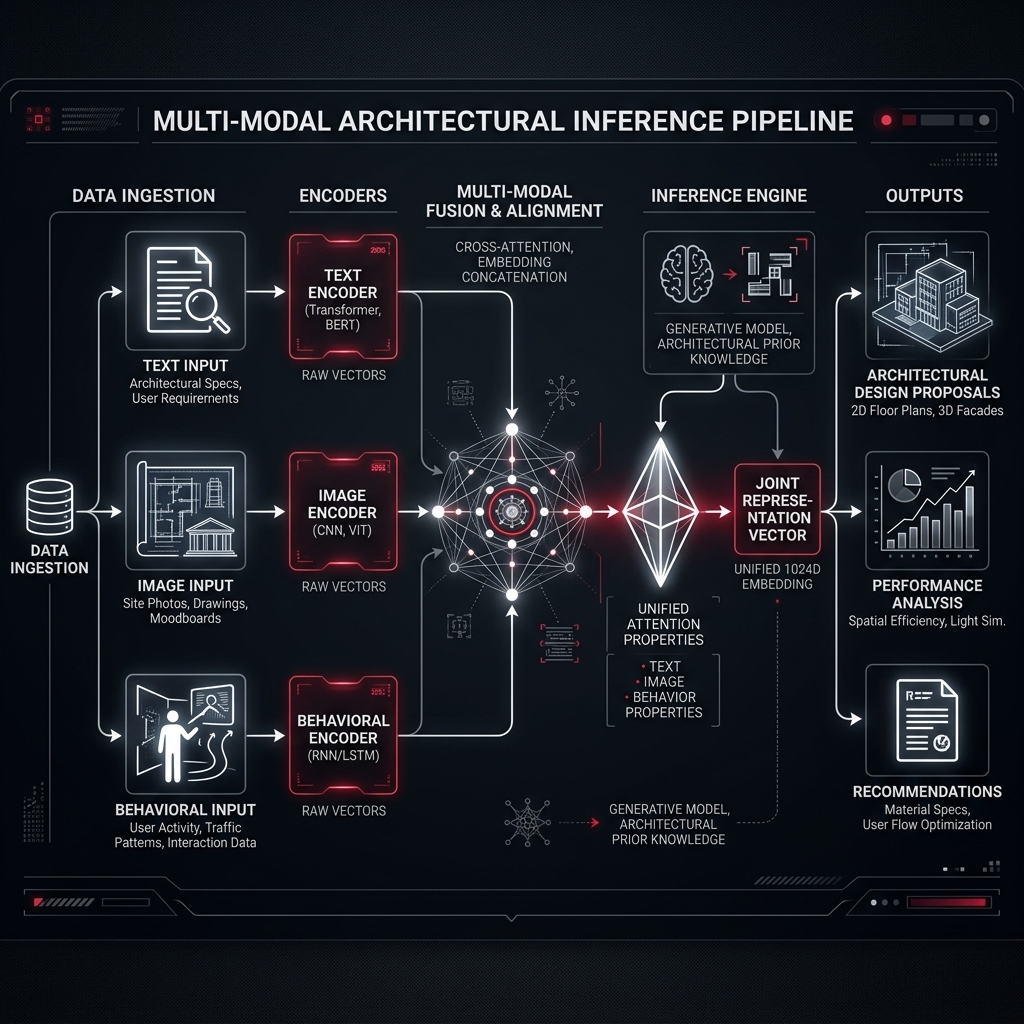 Visualization of text, image, and behavior vector streams fusing into a semantic core.