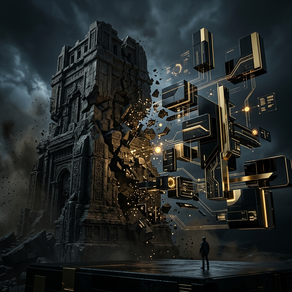 Cinematic visualization of a monolithic legacy structure transitioning into a fluid, digital, high-tech modular system.