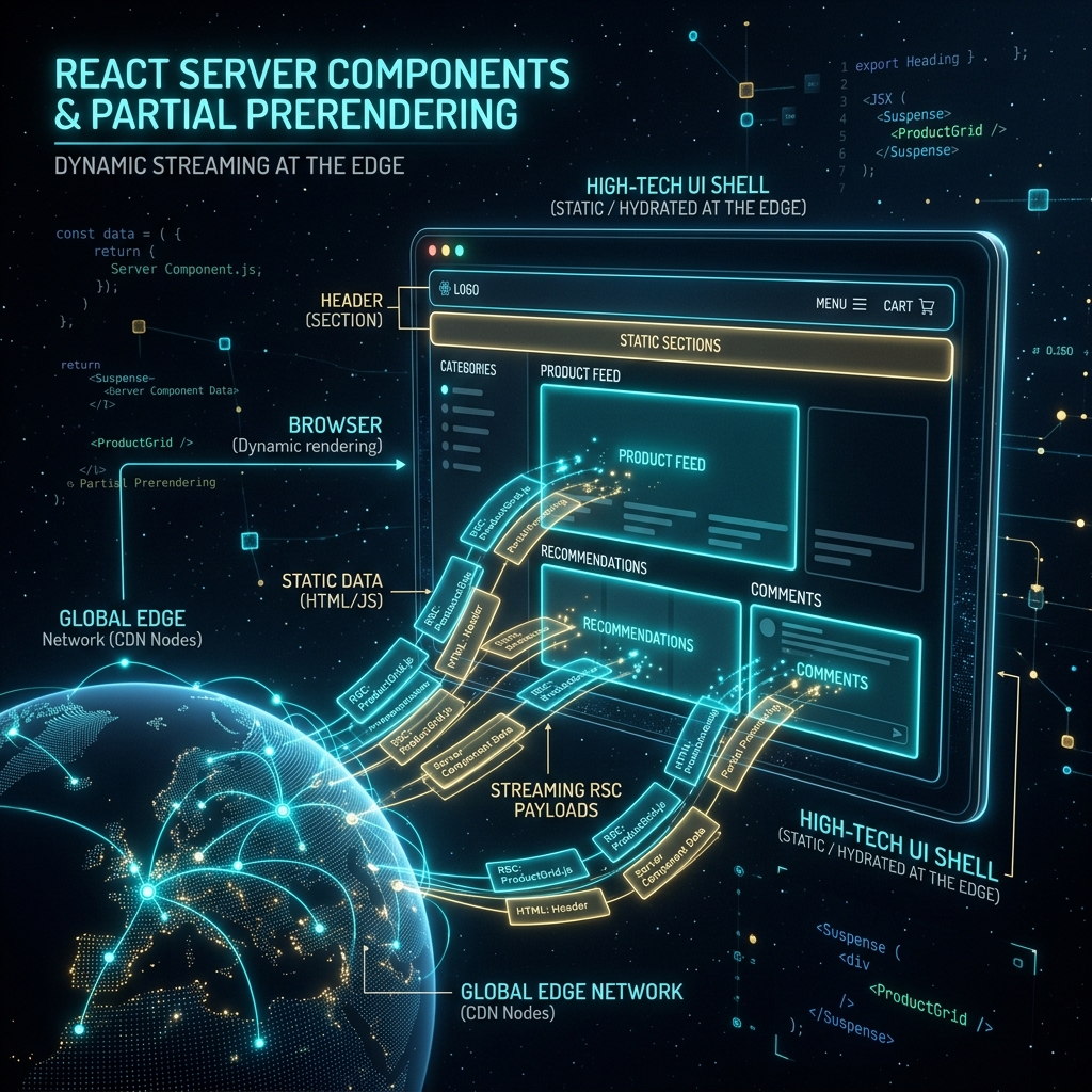 Technical visualization of React Server Components and Partial Prerendering streaming data payloads at the edge.