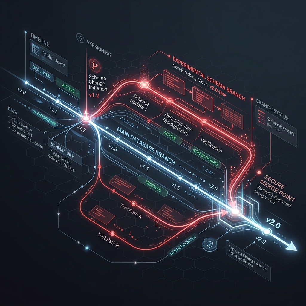 Technical visualization of database branching and operational discipline in PlanetScale.