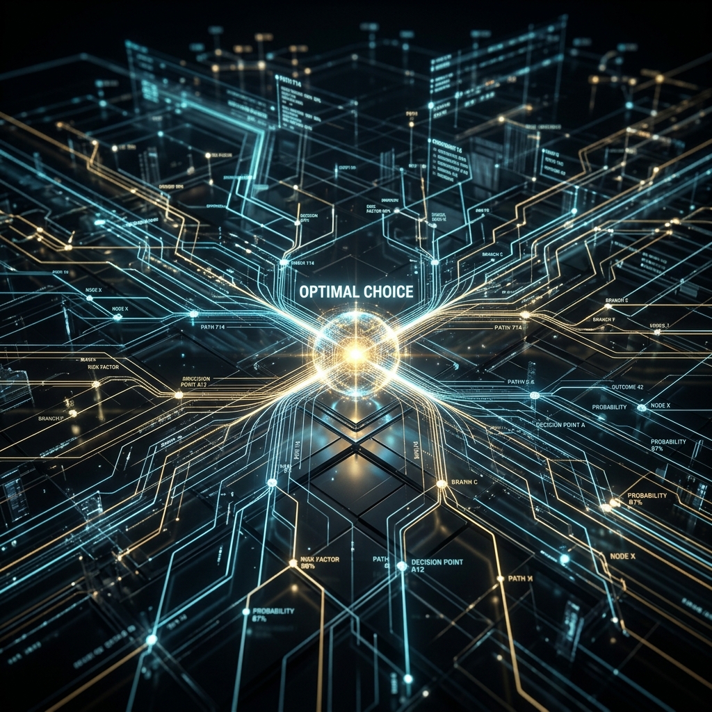 Cinematic visualization of a behavioral decision architecture with glowing choice paths.