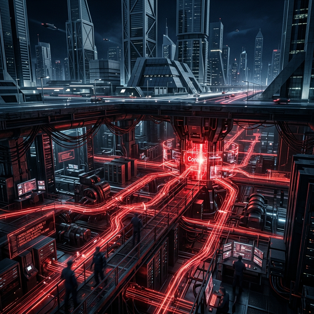 Cinematic technical visualization of hidden neural risks within organization architecture.