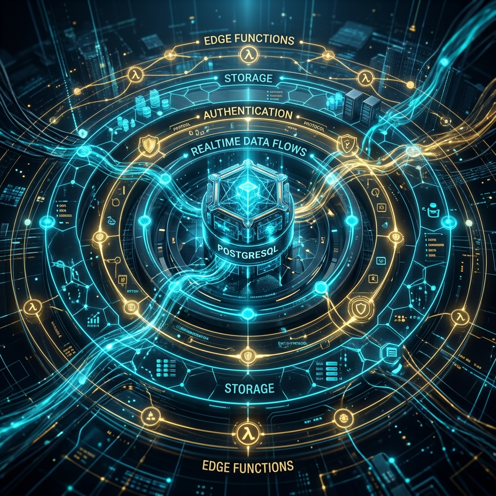 Technical visualization of an integrated application platform stack in Supabase.